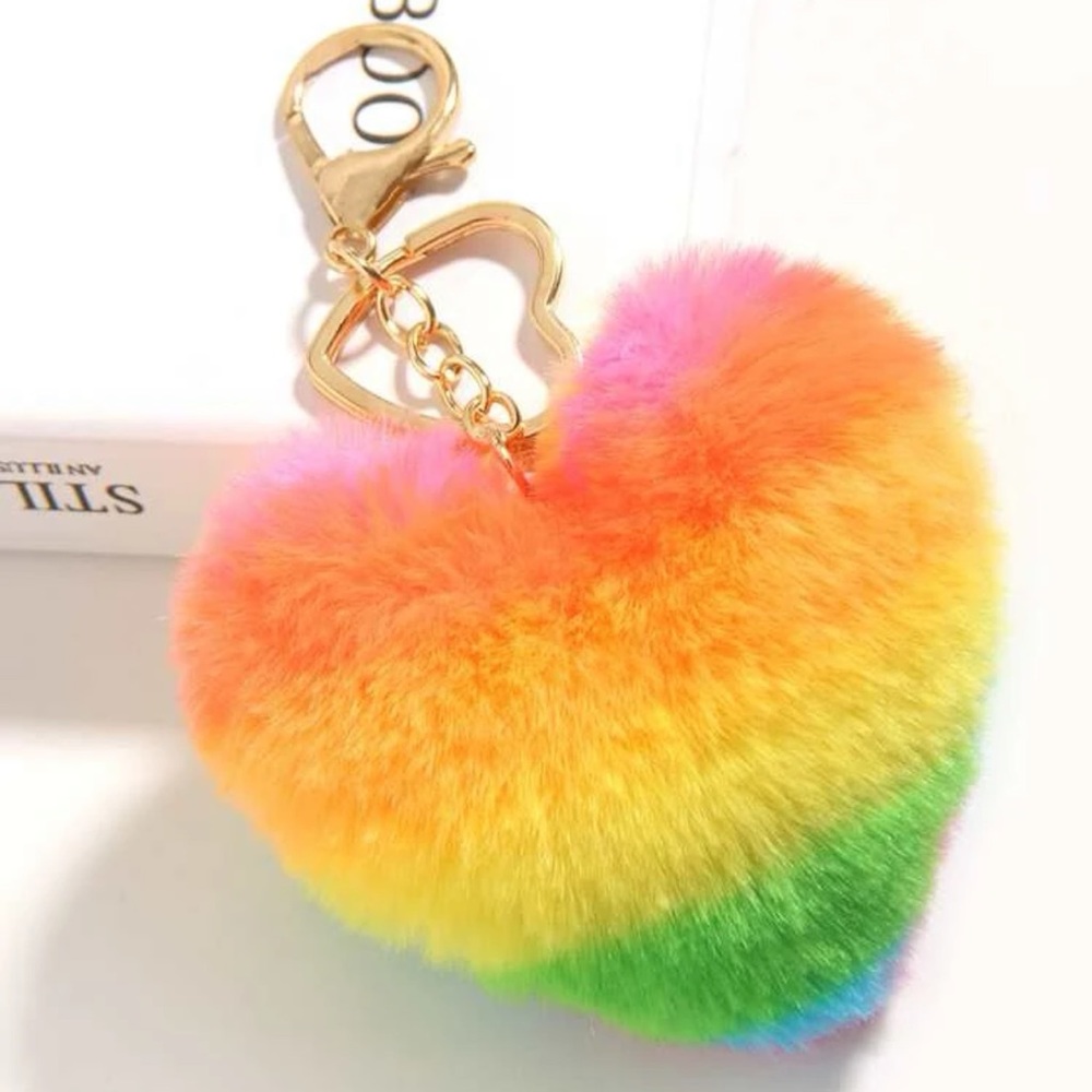 ๐ Awesome Large Fuzzy Furry PomPom Heart Bright Colorful Striped Keychain ๐